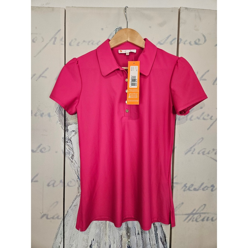 NWT Jude Connally Angelica Polo Top S Berry Pink Puff Sleeve Preppy Athleisure